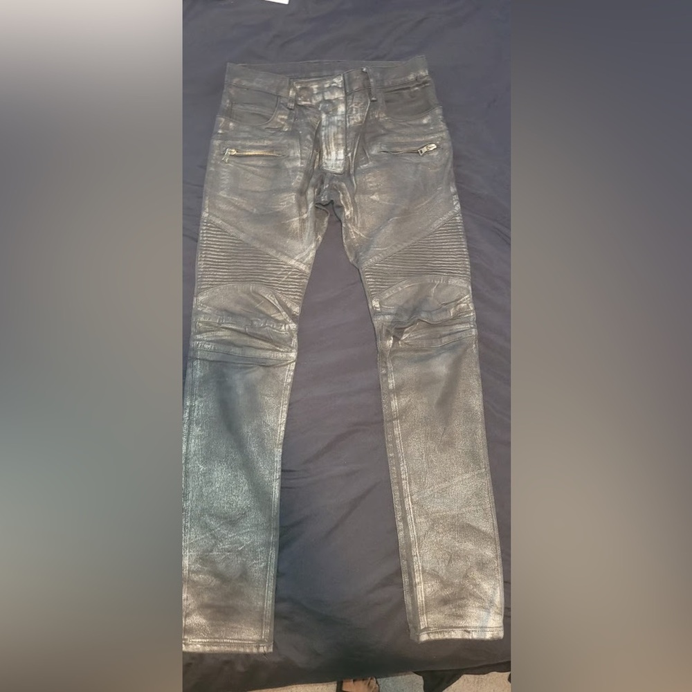 Balmain Metallic Silver Slim Moto Jeans